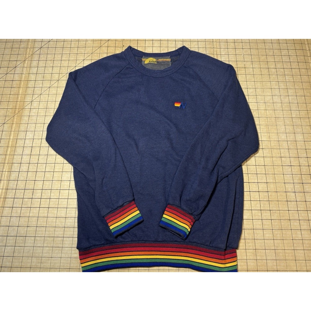 Aviator Nation Sweatshirt Mens Medium Blue Rainbow Rib Pullover Crew Neck Retro